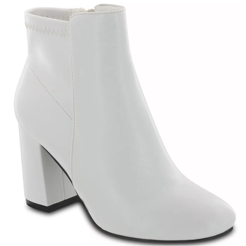 NWT Women’s MIA “Carla” White Stretch Ankle Heeled Booties, Size 7 (38 EUR)